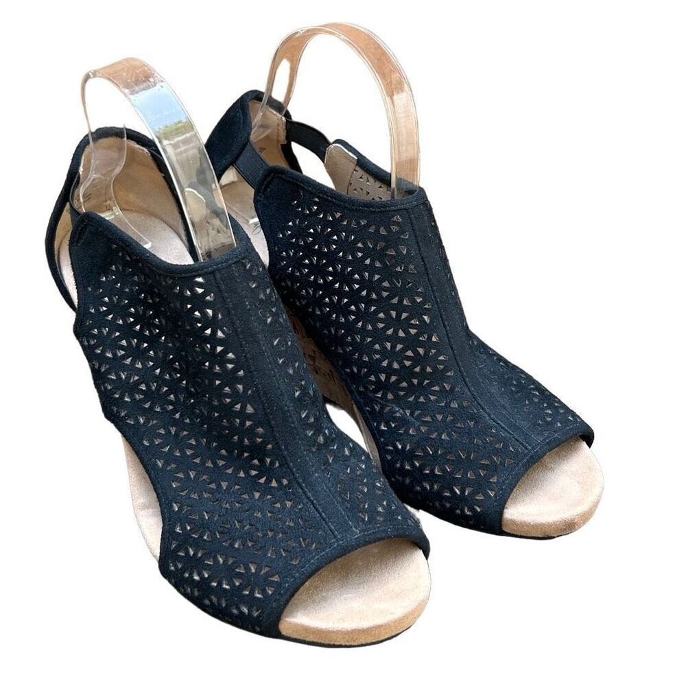 Life Stride Hinx 2 Sandals Women's Size 9 Black Cork Wedge Heels Peep Toe